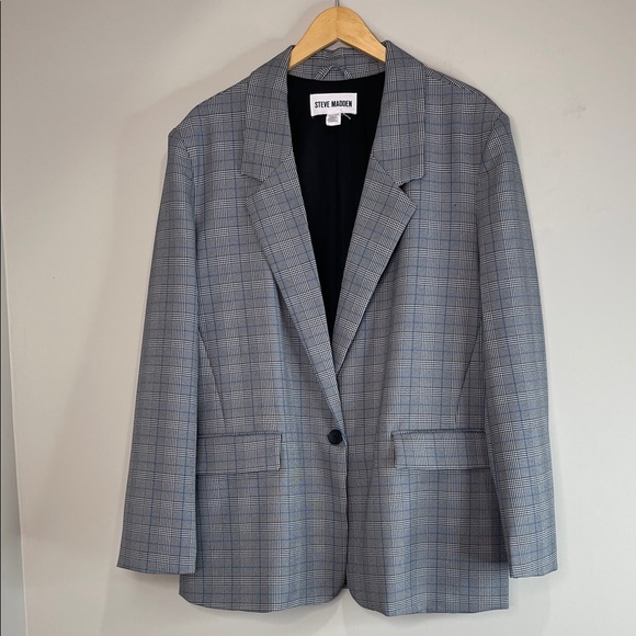 Steve Madden NWOT Plaid Blazer Padded Shoulders Black White Blue Loose Fit XL - Picture 2 of 13